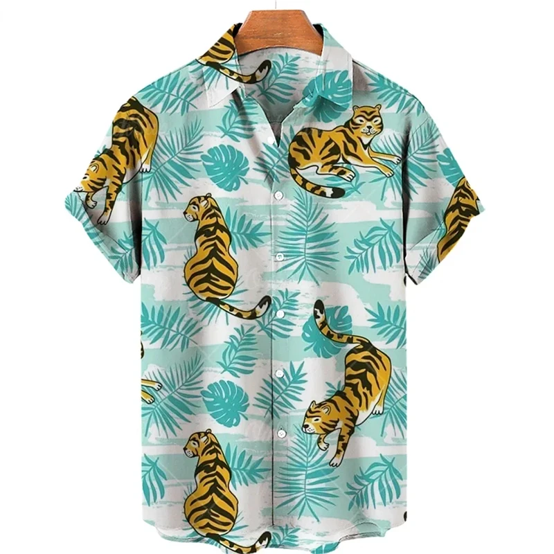 Camiseta informal vintage con estampado de animales hawaianos para hombre, camisas de manga corta con estampado de leopardo en 3D, blusas estilo Harajuku para fiestas navideñas