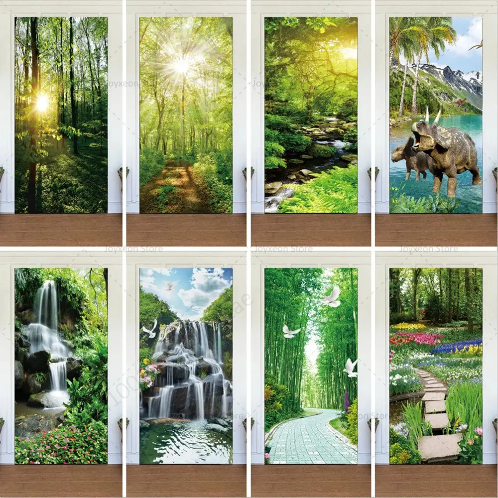 Forest Door Sticker Waterfall Entrance Door Decoration Self-adhesive Poster Wallpaper Vinyl Door Home Decoration on Refrigerator images - 6