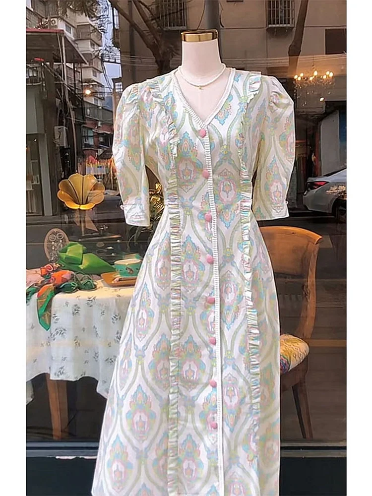 

Not Late French Texture, Advanced Temperament, Slim Waist, Sweet Milk Long Dress, Tea Break, First Love V-Neck Fragmented Flower