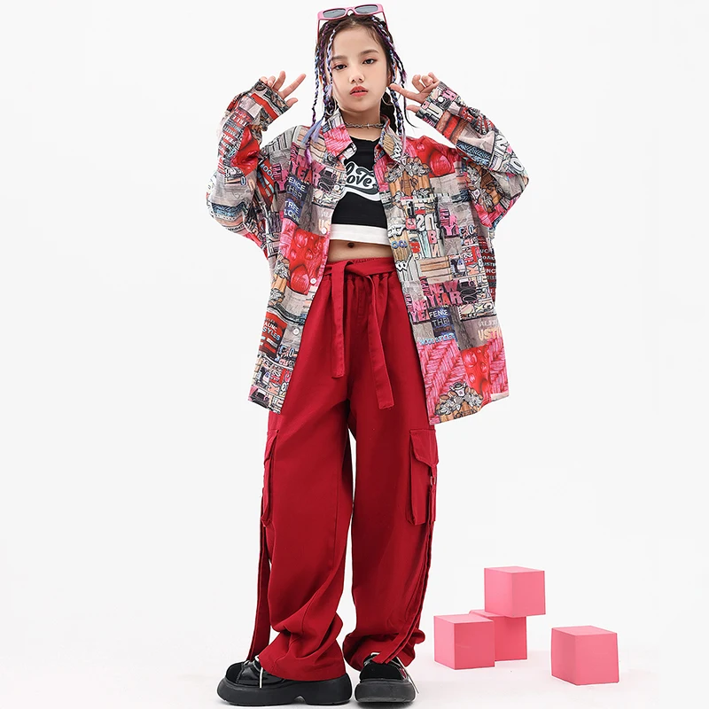 

Детская одежда в стиле хип-хоп, рубашка с принтом, красные повседневные уличные брюки-карго для девочек, одежда в стиле джазового рэпера
