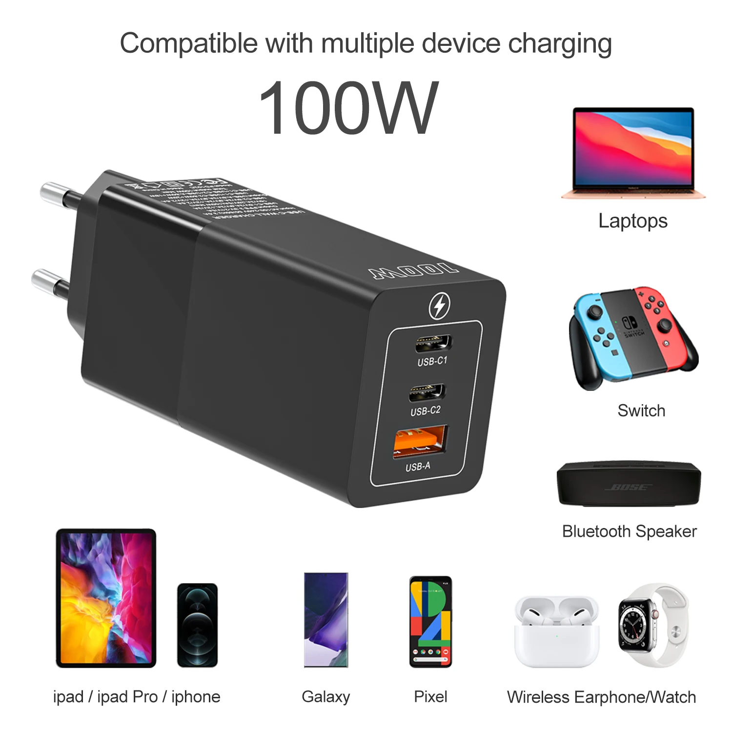 100W GaN Charger USB Type C Fast Wall Chargers PD100W Laptop Adapter for Macbook Tablet Pixel Samsung S23 Ultra iPhone 15 12 pro