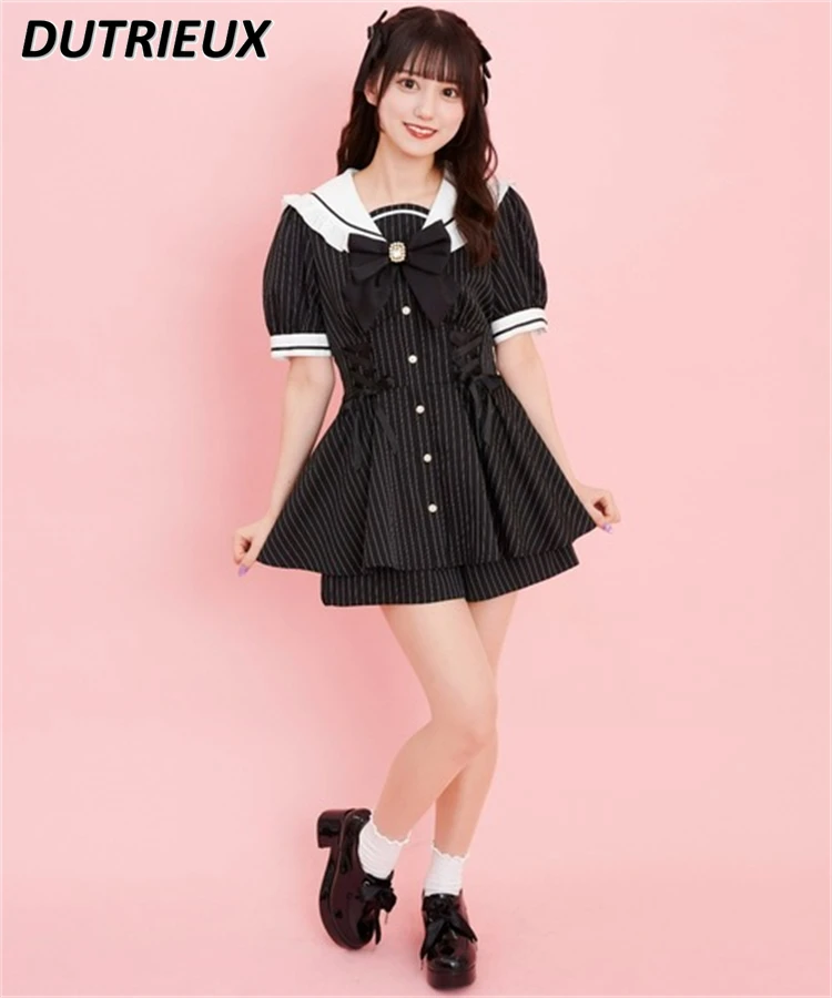 

Комплект из топа и шортов для девочек, милая японская кофта в полоску с матросским воротником и короткими рукавами, комплект из двух предметов, рубашка с бантом и шорты, лето