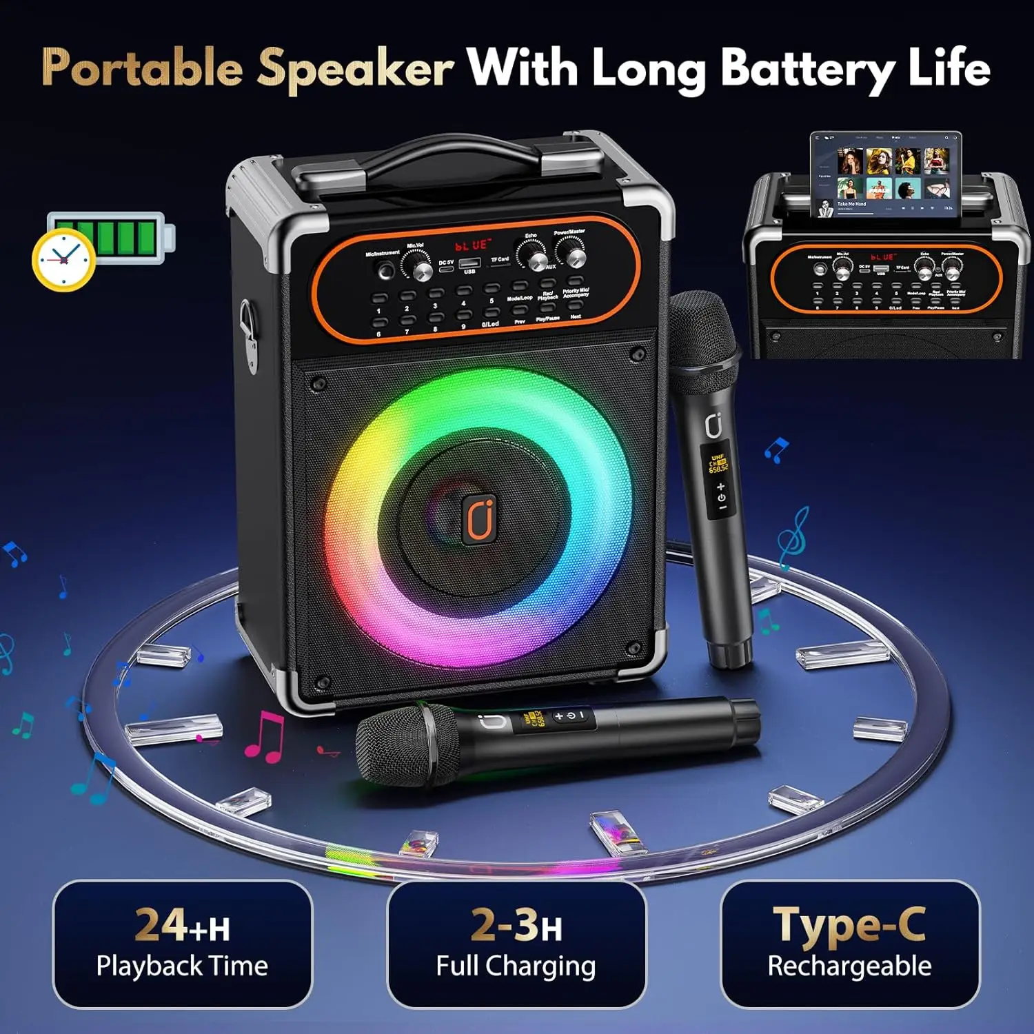 S68 Kara Ok with 2 Microphones, Portable Bluetooth 5.3 Kara Ok Speaker, Suitable for Outdoor Activities, Parties and Parties, Pa Systems, Adult Echo Adjustment, Supports Tv through Auxiliary Connection
