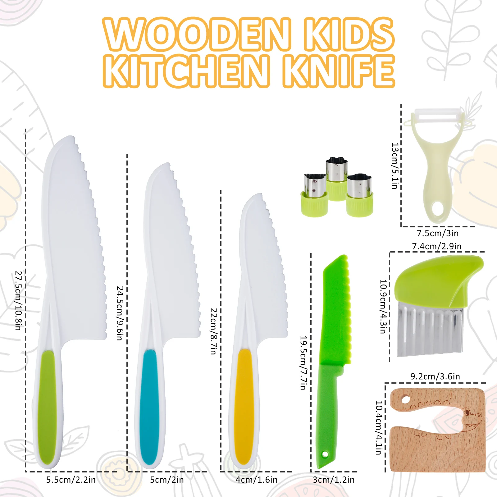 Wooden Kids Knife Set, 8pcs Kids Safe Knifes Include Wood Kids Safe Knife,  Serrated Edges Plastic Toddler Knives, Crinkle Cutter, Potato Slicers Cute