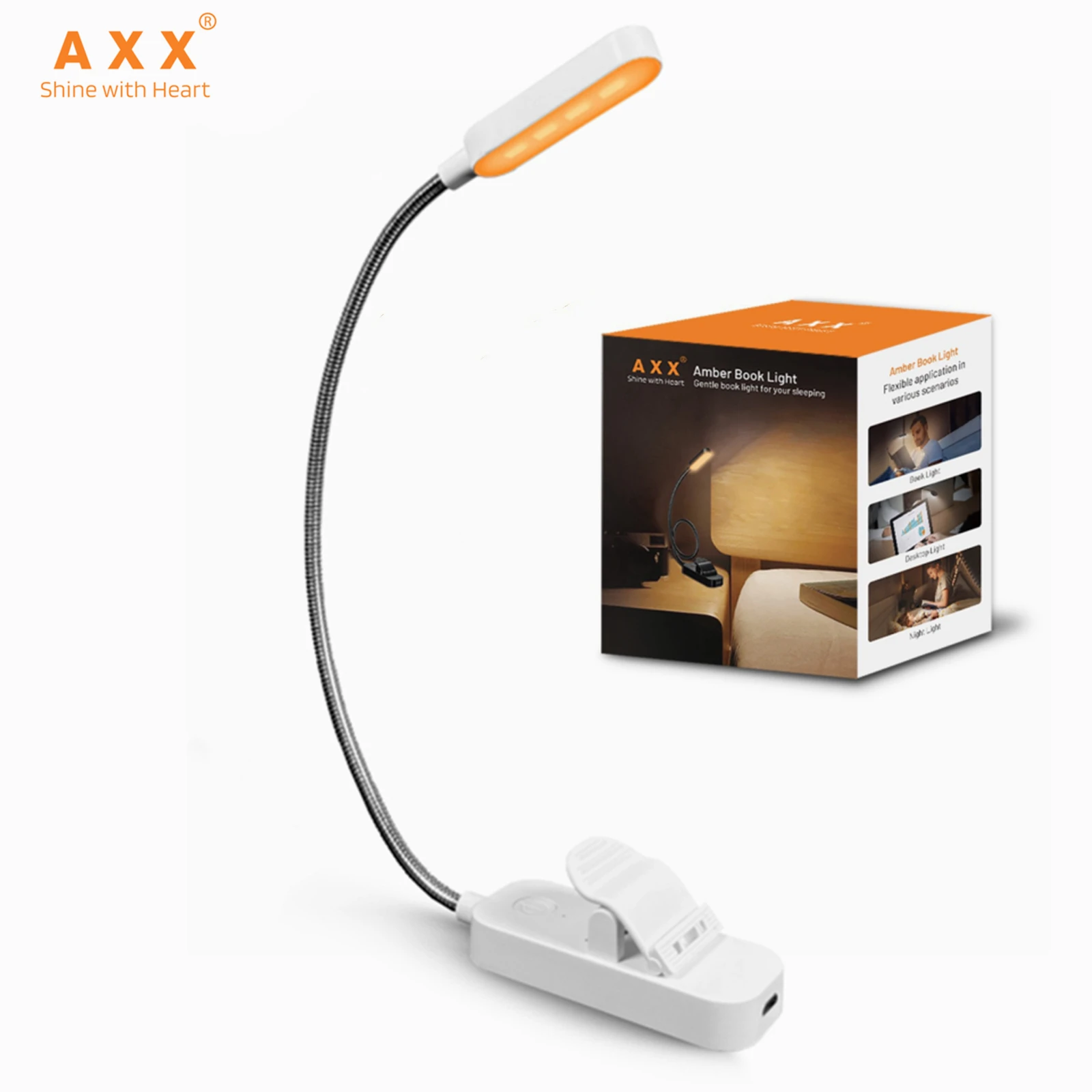 Book Light Clip on Amber Rechargeable Reading Light for Bed Clip Light