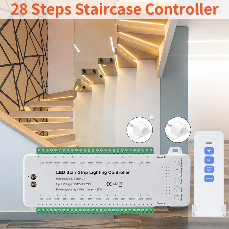 

PIR Sensor Stair Light Controller 28CH Single Color LED Strip Dimmer Indoor Stairway Light Controller 12V-24V