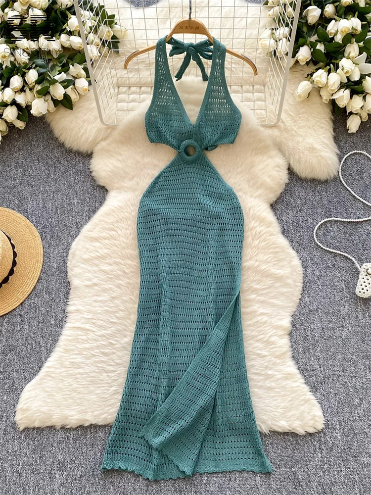 SINGREINY Summer Backless Beach Dress Women Deep V Neck Sleeveless Solid Lace Up Design Hollow Out Sexy Halter Vacation Dresses 2