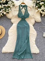 SINGREINY Summer Backless Beach Dress Women Deep V Neck Sleeveless Solid Lace Up Design Hollow Out Sexy Halter Vacation Dresses 2