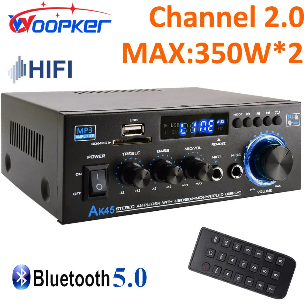 Woopker Hifi Digital Amplifier Ak45 Bluetooth Mp3 Channel 2.0 Sound Amp Support 90V-240V Per Home Car Max 350W * 2