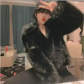 Women Fluffy Jacket Winter Clothes Short Faux-Fox Fur Coats Korea Lapel Casual Black Outwear Female Thick Warm Plush Overcoat