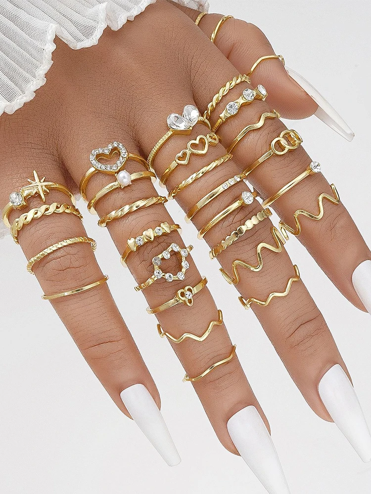 New 50 Pcs Bohemian Gold Color Ring Set For Women Vintage Minimalist Geometric Pearl Love Finger Rings 2024 Trendy Jewelry Gifts