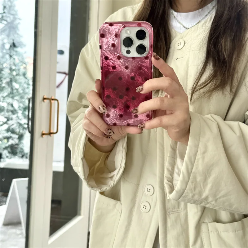 Whirlpool Pattern Berry Pink Polka Dot Phone Case with Fur Ball Hanging Rope