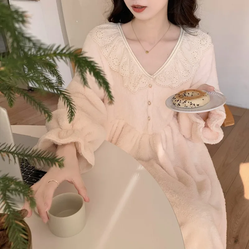 Fleece Nightgown Lace Sleepwear Womens Winter Night Dress Warm One Piece Pajamas Korean Style Long Sleeve Solid Ruffle Home Wear