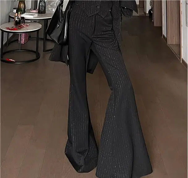 Spring Black Striped Oversized Blazer Women Loose Notched Full Sleeve Suits High Waist Long Flare Pants Halter Tank Tops