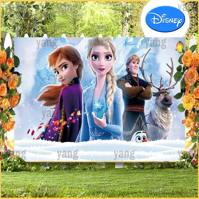 Cartoon Disney Cute Sven Olaf Frozen Princess Elsa Anna Red Leaves Birthday Party Blue Ice Background Photography Background