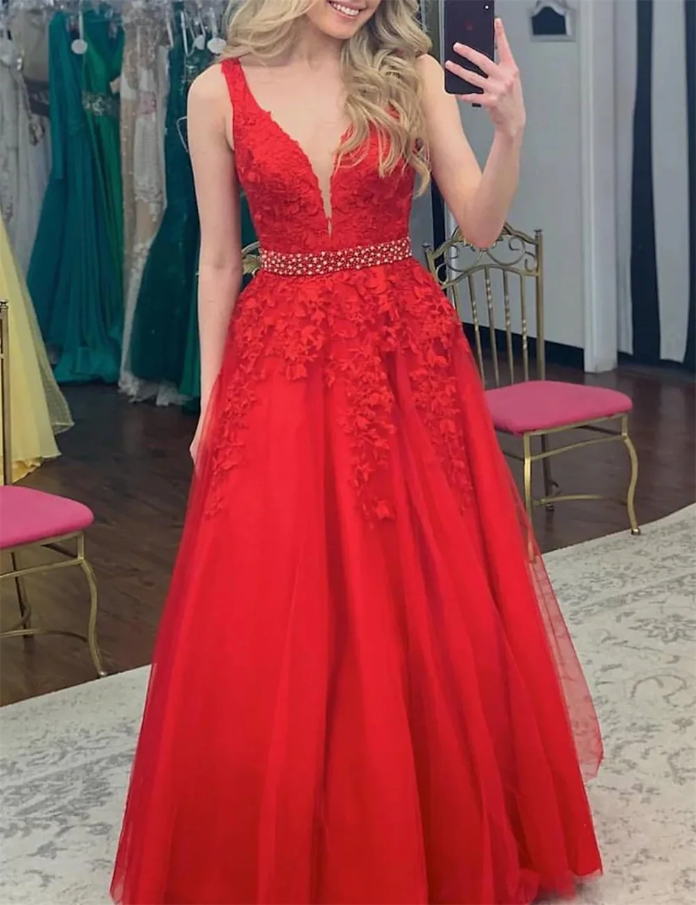 

Платье-трапеция для выпускного вечера, платья для торжественных случаев, одежда для вечеринки, в пол, без рукавов, с V-образным вырезом, однотонный Тюль с аппликациями 2023