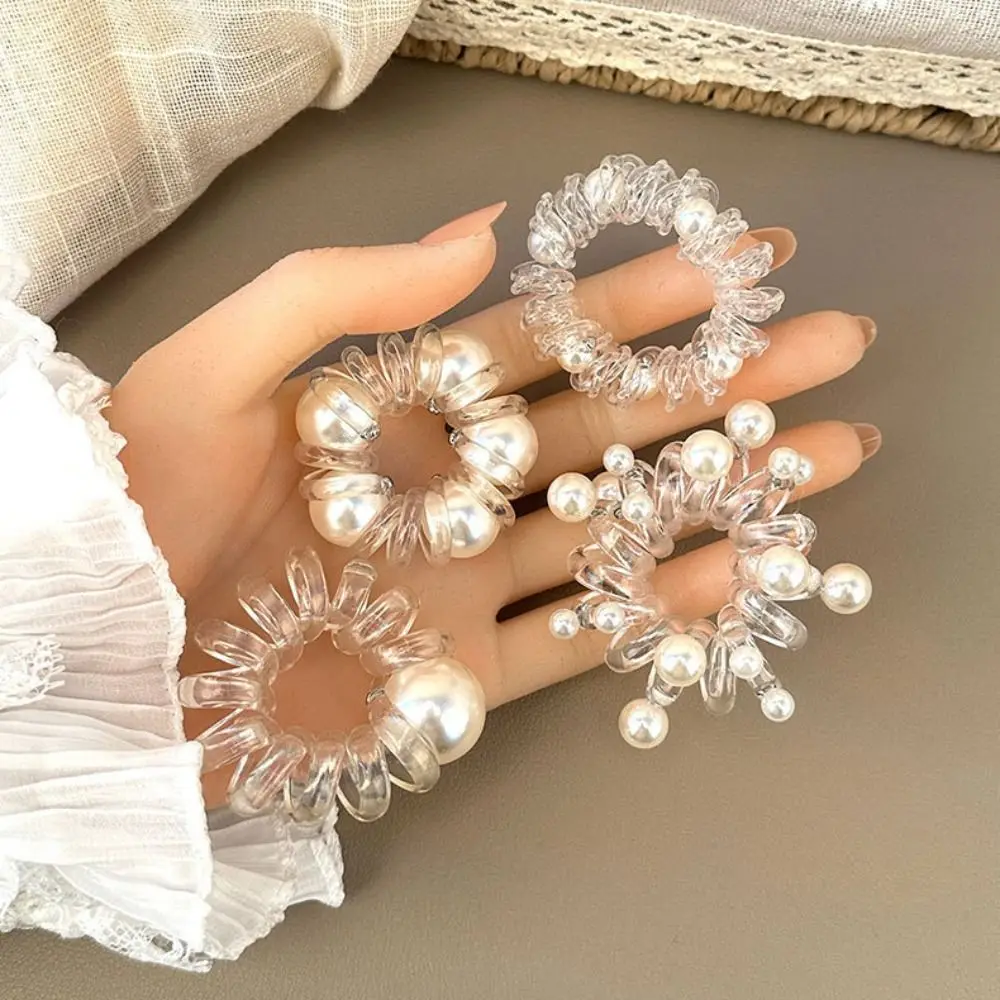 Linea telefonica in TPU Corda per capelli Scrunchies stile coreano Anello per capelli trasparente Elastico per capelli Elastico Porta coda di cavallo con perle - immagine 4