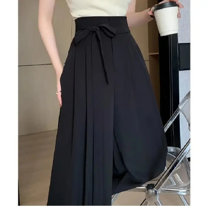 أسود مربوط مطوي بنطال ذو قصة أرجل واسعة المرأة ربي...