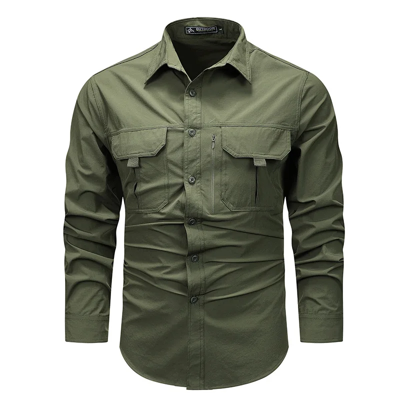 Men Outdoor Cargo Shirts Multi Pockets Tooling Shirts New Spring