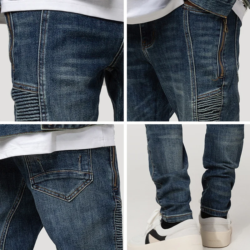 Streetwear Fashion Men Jeans Retro Dark Blue Elastic Slim Fit Ripped Biker Jeans Men Spliced Designer Hip Hop Denim Pants Hombre