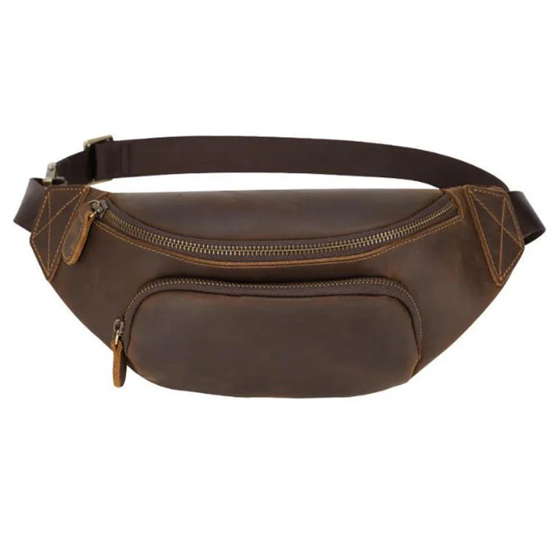 

HOT Crazy Horse Leather Waist Packs for Men's Hip Bum Belt Bag Male Phone Pouch Travel Fanny Boy