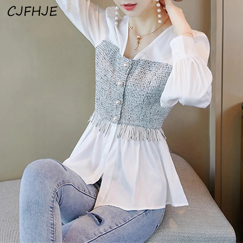 

CJFHJE новые женские шикарные рубашки с рюшами, кисточками и бусинами на пуговицах, Модные приталенные элегантные блузки с V-образным вырезом, топы с длинным рукавом