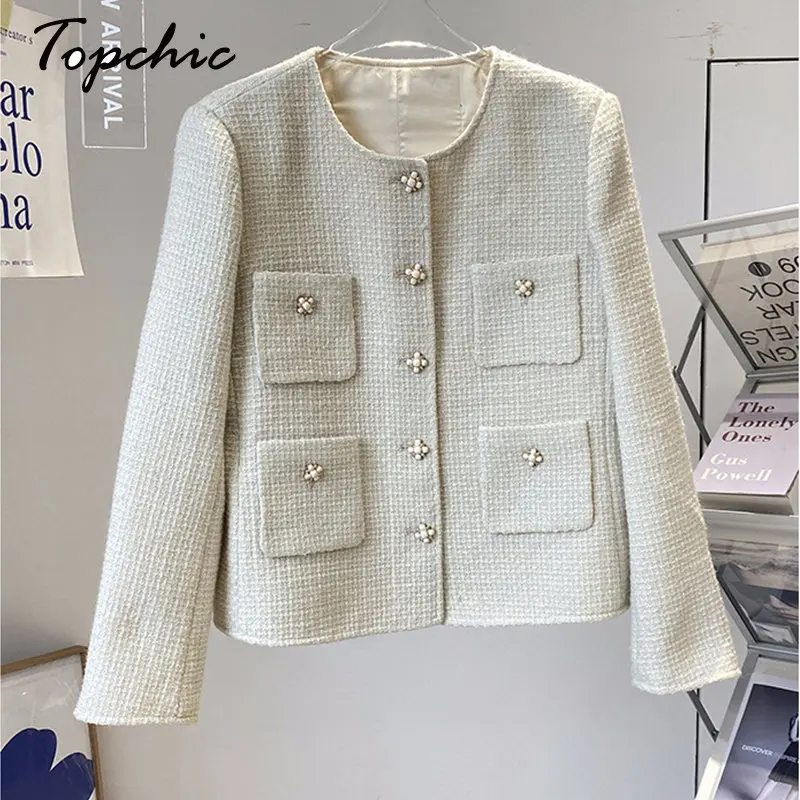 

High Quality White Wool Coats for Women Autumn Winter Elegant O-neck Single Breasted Tweed Jacket Abrigos De Mujer Invierno 2023