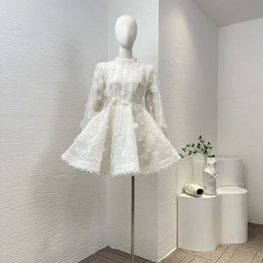 

Женское платье с цветочной аппликацией, розовое, белое мини-платье ручной работы с длинным рукавом и поясом, 2024