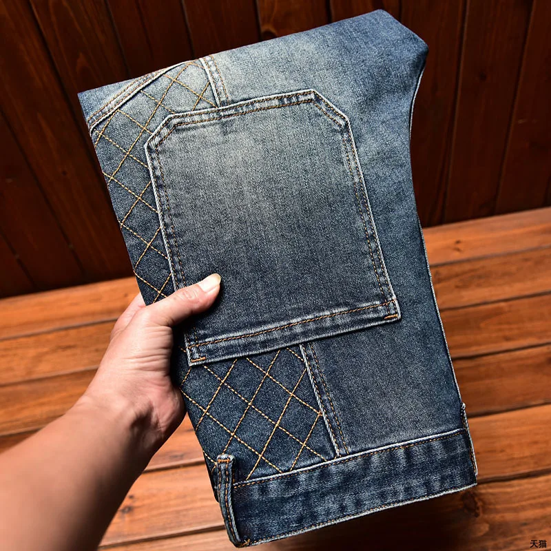 High-End Fashion Brand Men'S Jeans Blue Slim Stretch Embroidery Motorcycle Stitching Fashion Men'S Casual Straight Leg Jeans 3