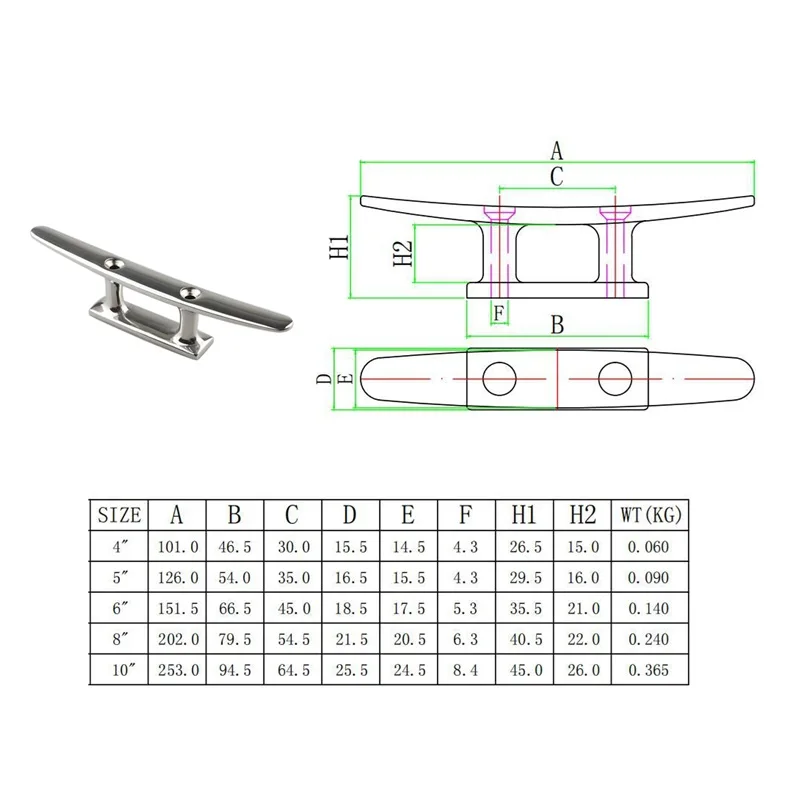 2PCS 4" 5" 6" 8" Combo Mooring Cleat 2 Hole 316 Stainless Steel Polished Boat Cleats For Marine Boat Deck Rope Tie Yacht