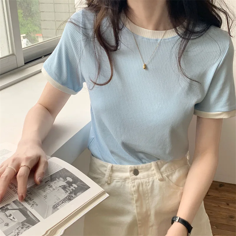 Summer New Crop Tops Fashion Women Slim O-Neck Patchwork Solid Y2K Women's Tops Casual Sweet Vintage Short Sleeve T-shirts 2025 1