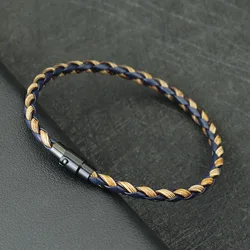 Men's Handmade Braided Leather Bracelet with Double Magnet Buckle - 21.5cm(8.5inch) (Brown Blue)
