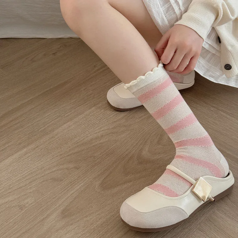 

Милые розовые полосатые женские носки с бантом и цветочным принтом, летние ультратонкие сетчатые носки до щиколотки, хлопковые носки для девочек в студенческом стиле