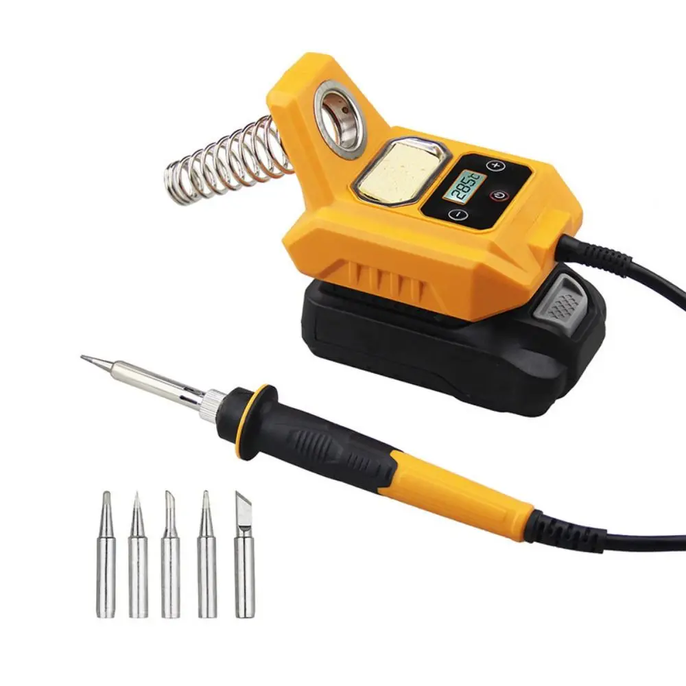 Vue rapprochée de la panne fine du fer à souder sans fil 20V 60W chauffant une soudure