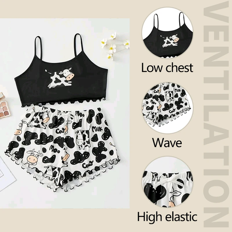 Women's Pajamas Set Sleepwear 2 PCS Camisole And Shorts Sports Cow Cartoon Print Ventilate Soft Casual S M L Black