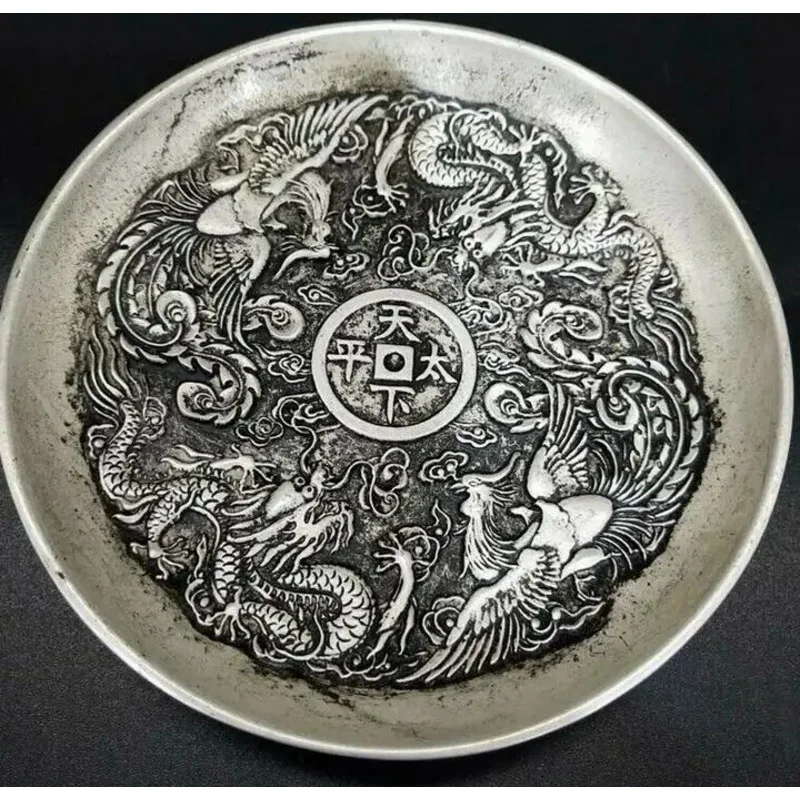 

Old Chinese tibet silver handcarved Dragon phoenix plate Qianlong Mark
