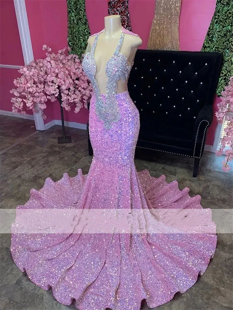 

Sexy Glitter Pink Mermaid Prom Dresses 2024 Luxury Sheer Neck Crystal Sequins Party Gowns Homecoming Gowns Robe De Bal