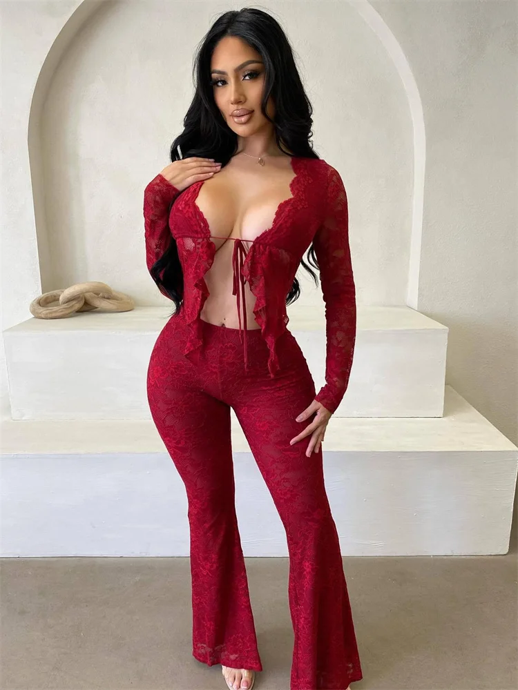 Wmstar Two Piece Set Women Sexy Lace Mesh  Hollow Out Top and Flared Pants Sets Club Outfits Matching Wholesale Dropshipping