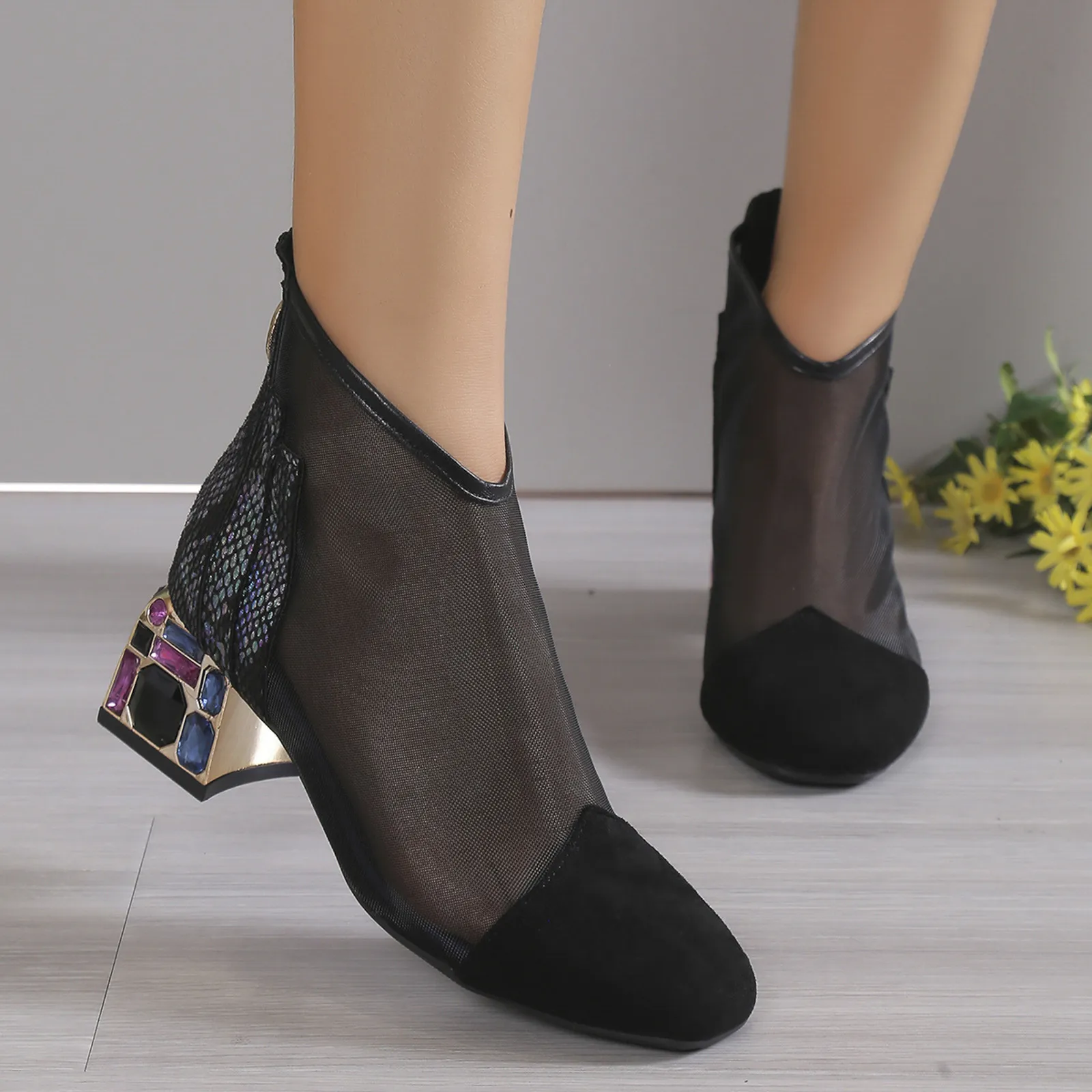 Booties For Women Mesh Leather Panel Vintage Back Zipper Thick Heel Short Boots Botines Female Shoes Para Mujeres