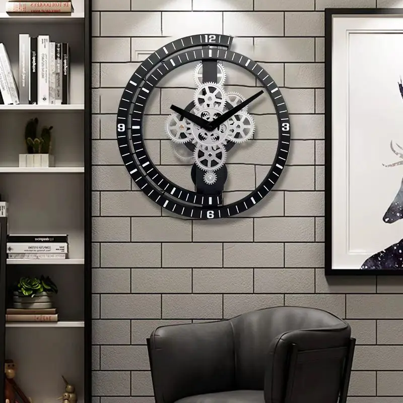 The room exudes a modern industrial aesthetic, with an Industrial Gear Wall Clock featuring exposed gears mounted on a gray brick wall. Nearby, a sleek black leather chair complements the setting, positioned alongside a stylish bookshelf.