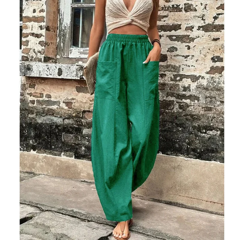 

Casual Solid Color Elastic Waist Straight Pants with Pockets for Women Summer New Fashion Loose Ladies Trousers Pantalon 25996