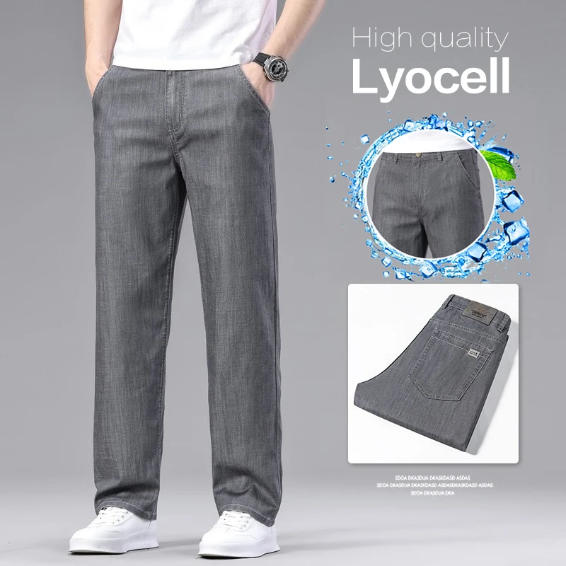 High Quality Summer Lyocell Cotton Blended Fabric Men's Jeans High Waist Loose Straight Pants Casual Trousers Plus Size 35 40