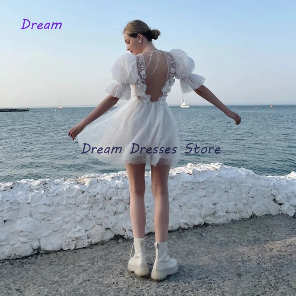 Charming Short Cocktail Dresses White Beading 3D Flower Mini Length Homecoming Dresses Prom Dress Vestidos De Coctel