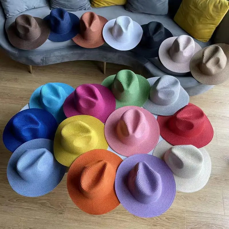 

solid straw fedora unisex jazz hat for men women wholesale cap summer hat sun hat classic cowboy hat beach sun protection 여름모자