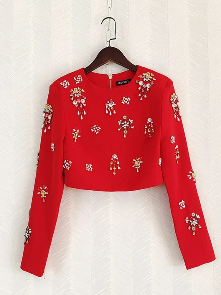 2024 Solid Splice Diamonds Design Sets For Women Round Neck Long Sleeve Short Coat High Waist Skirts Set Female Spring 36A130