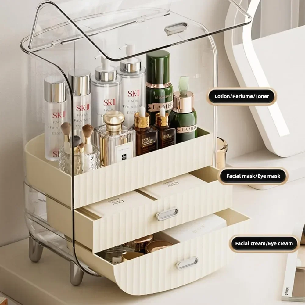 Large Makeup Organizer,with Lid and Drawers, Waterproof Dustproof Bathroom Storage Skincare Organizer