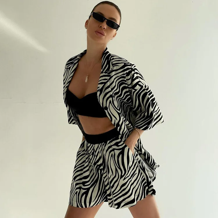 Women Two Piece Sets Outfits Zebra Printed Loose Shirt Tops And High Waist Shorts Set 2025 Casual Streetwear Summer New