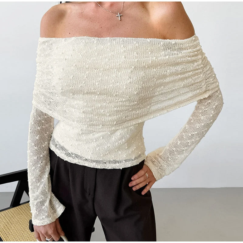 Camisa elegante con hombros descubiertos para mujer, de punto, lisa, de manga larga, sin espalda, ajustada, blusa de oficina para primavera y verano 2025.