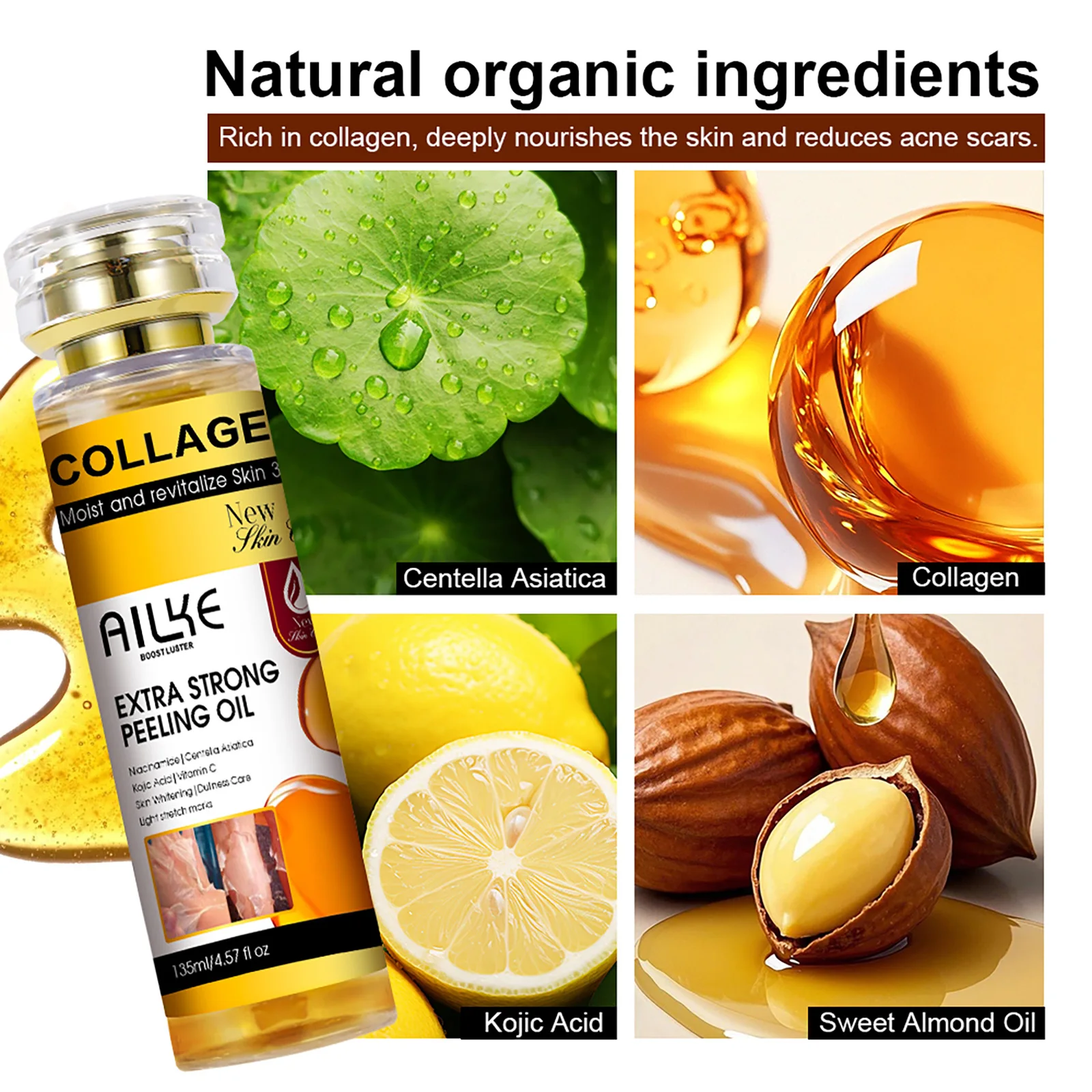 AILKE Collagen Yellow Peeling Oil For All Skin Types, Stretch Mark Removal, Lightening , Improve Rough Skin, Gentle Exfoliation