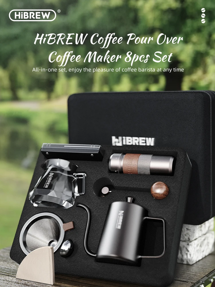 HiBREW Pour Over Coffee Kettles Manual Coffee Grinder Maker 8 pcs Set